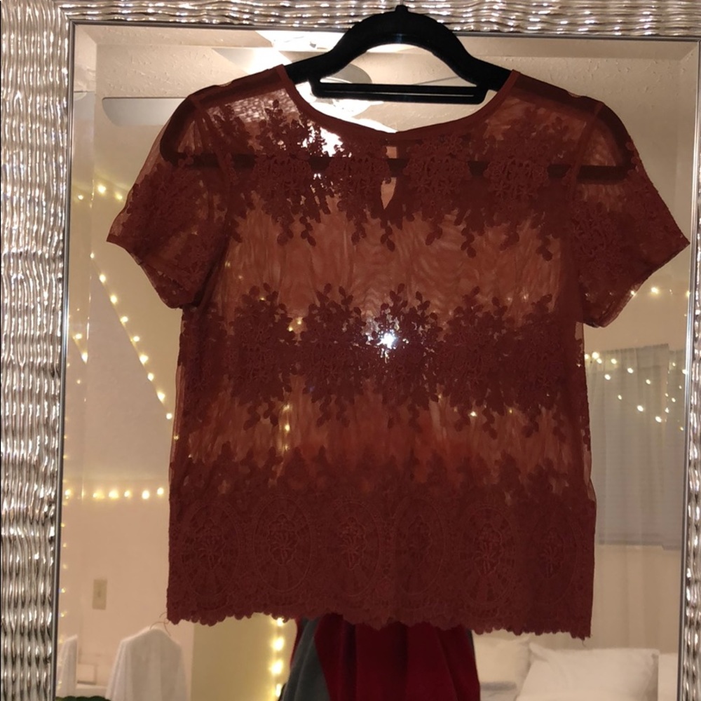 Burgundy Sheer and Embroidered Top